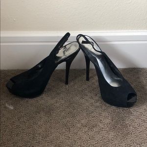 Black suede peep toe sling back heels